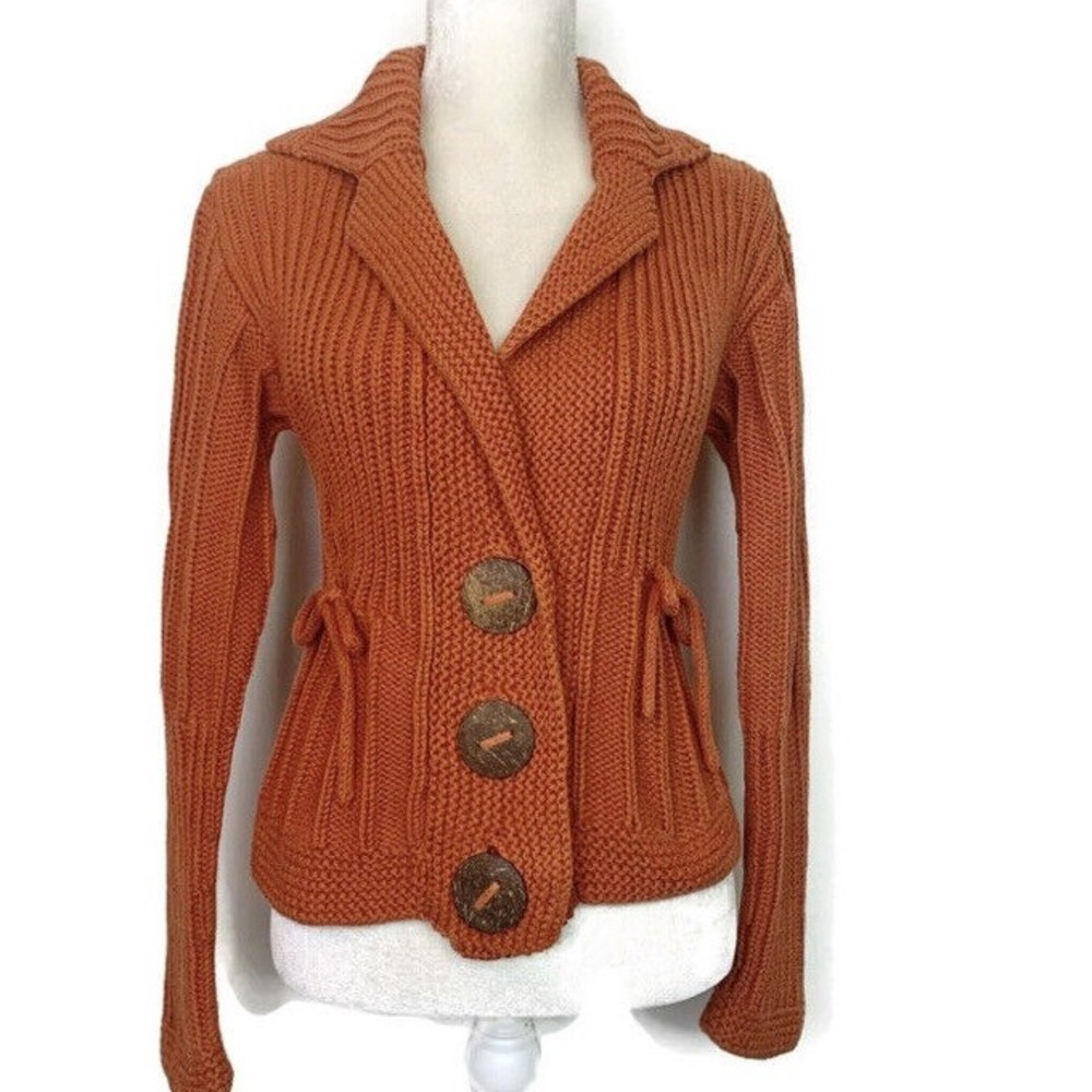 Pure Handknit Anthropologie chunky knit cardigan sweater Rust Orange XS/S